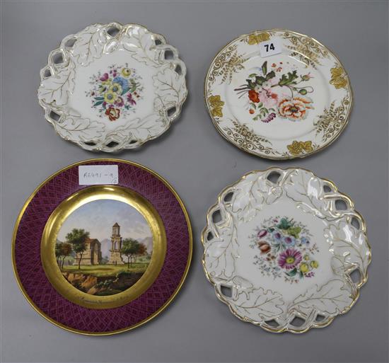 A Sevres style topographical plate, a Coalport plate and others